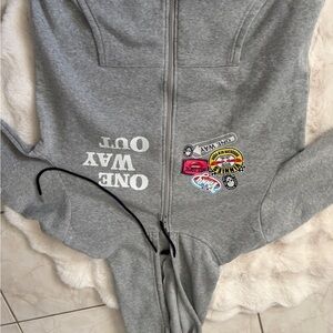 Gray Zip-Up Hoodie with Graphic Patches